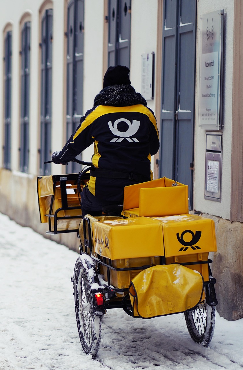 bicycle, delivery, snow, winter, bike, mail, letters, logistics, shipping, parcel shipping, package delivery, nature, parcel delivery, parcel service, transport, dhl bike, german post, vehicle, road, street