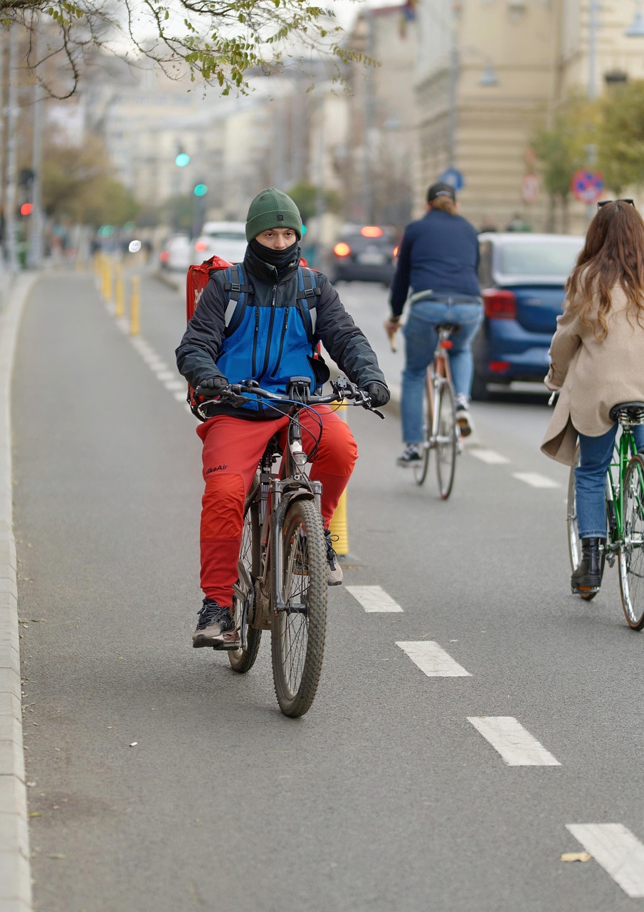 bicyclist, cyclist, man, road, ride, lane, track bikes, people, winter, courier, transport, job, urban, street